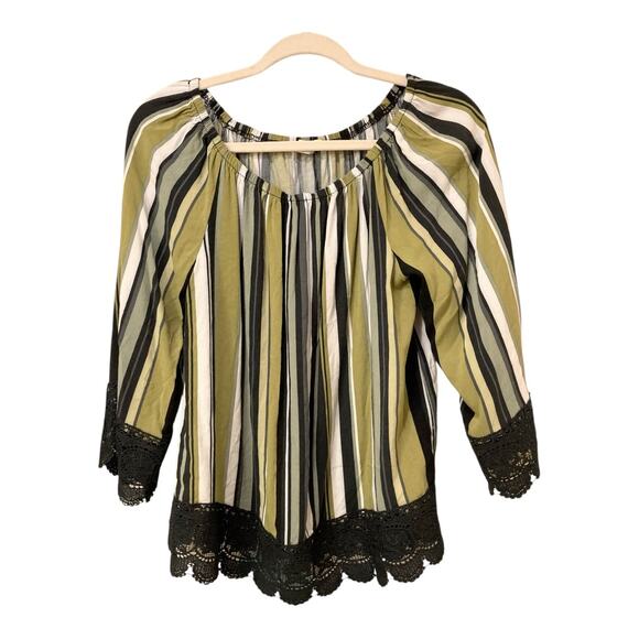 Est. 1946 Green and Black Striped Lace Trimmed Blouse Size M EUC - Picture 1 of 7